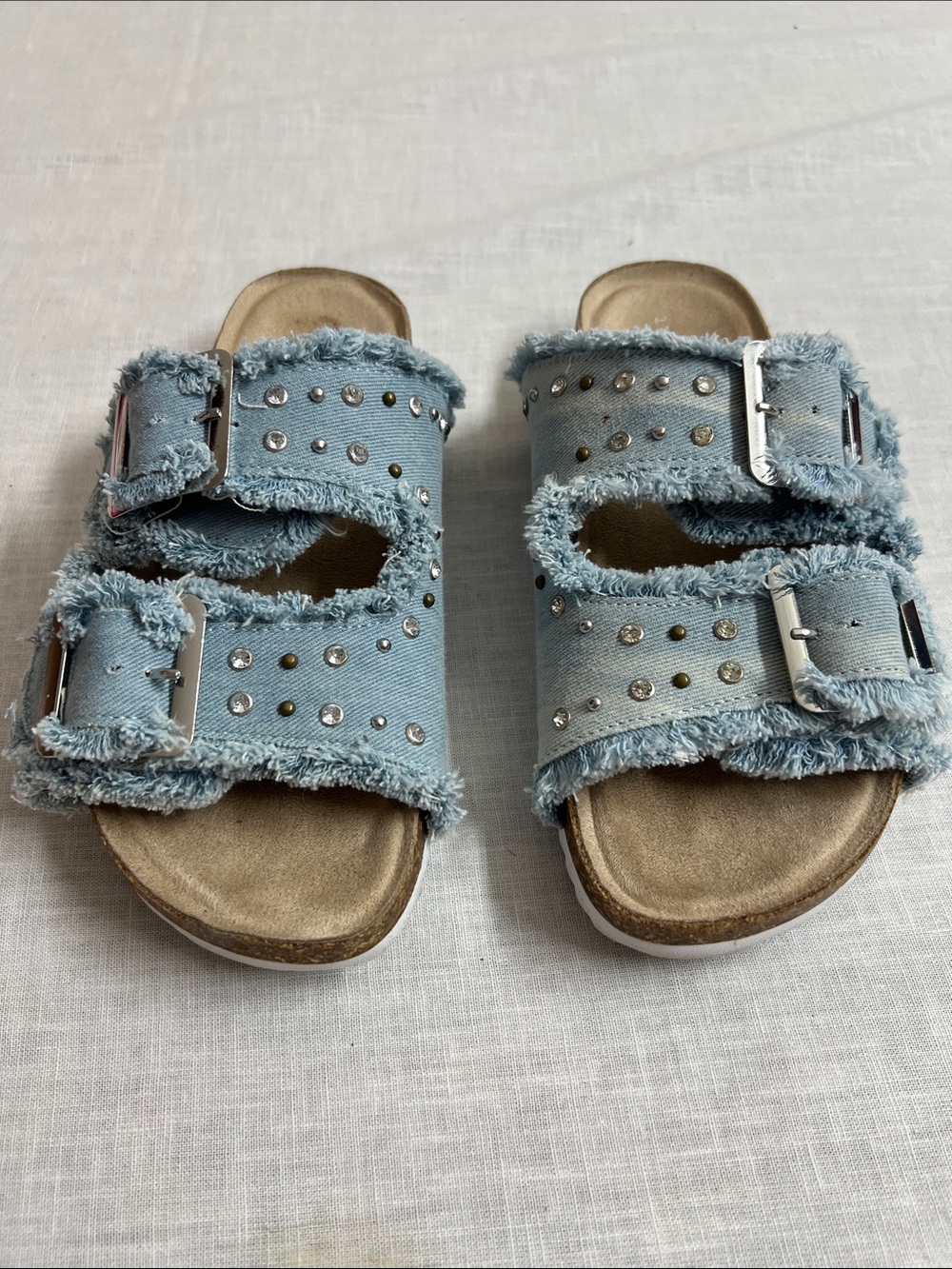 🌞 Indigo rd Blue Bling Frayed Denim Double-Buckle Slide Sandals women size 6